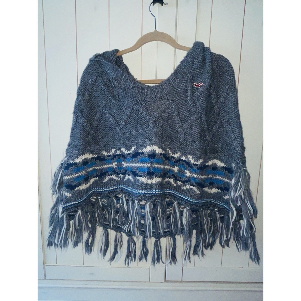 Hollister Knit Poncho Sweater Womens XS/S Gray Fair Isle Fringe Cape Hooded Boho